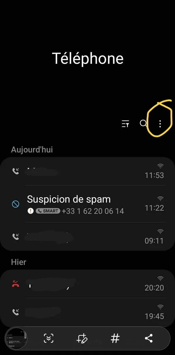 Application Téléphone Android, bouton 3 points en haut à droite entouré