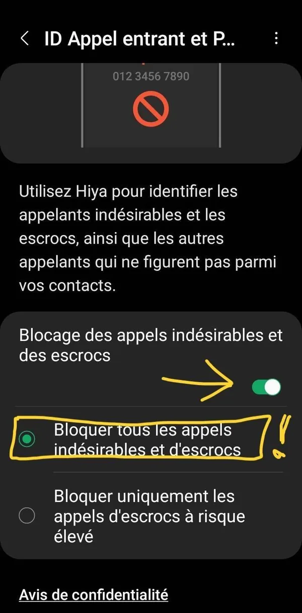 Option Bloquer tous les appels indésirables et d'escrocs cochée